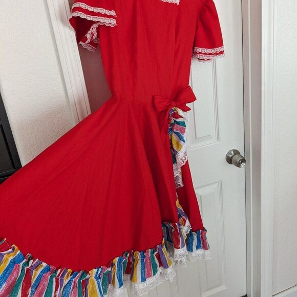 Vintage Rockmount Ranch Wear Dress - 16 - Red & Rainbow w/ Ruffles, Bows, Lace - Picture 5 of 15